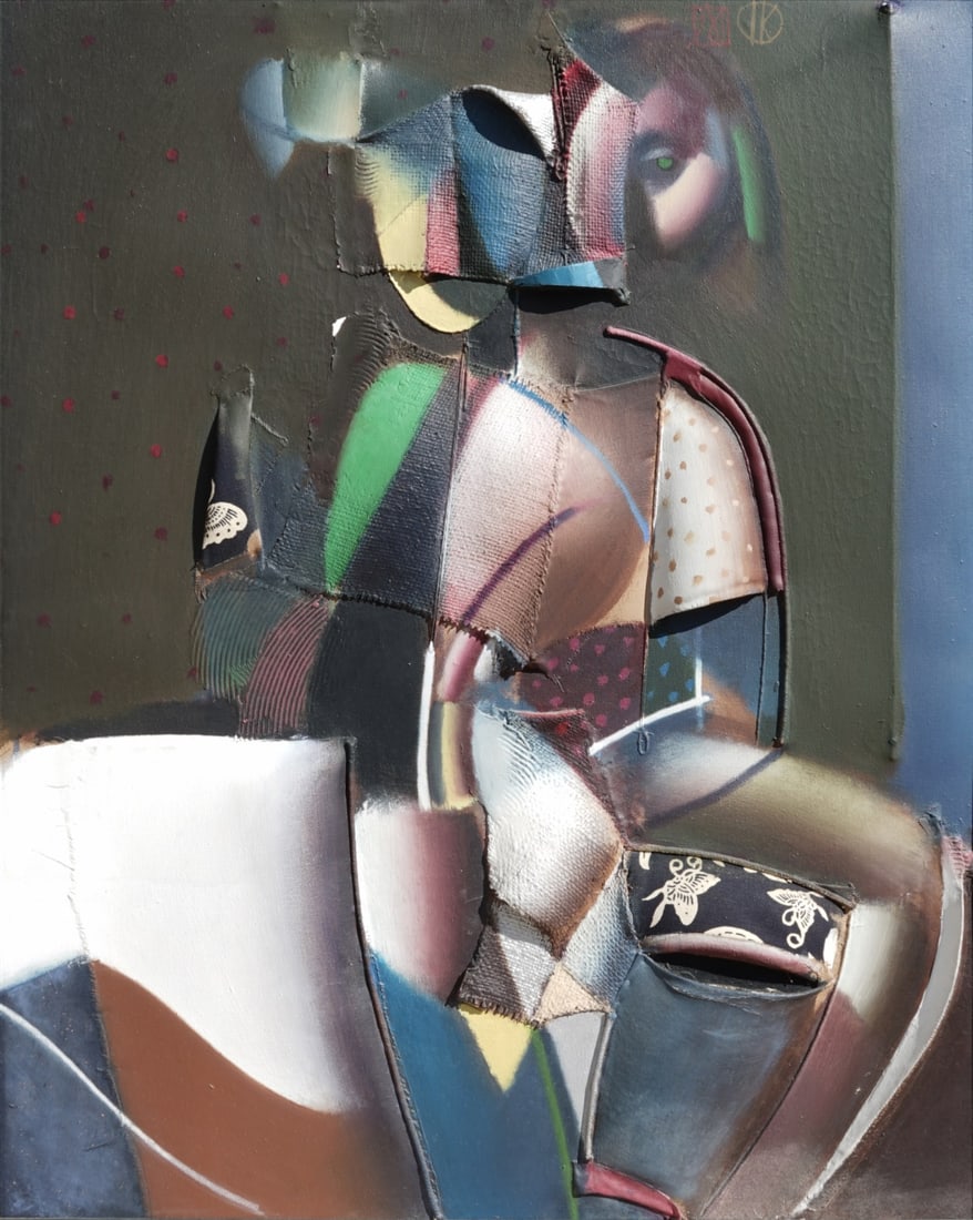 IVAN KUSTURA (CROATIAN, b. 1951).: 'Untitled'. Abstract Portrait of Couple. Mixed media on canvas laid to board. Monogrammed and possibly dated '98' upper right edge. Property of an Eastchester, NY estate. Dimensions: 29.50" h x 2