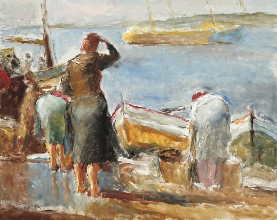 PAL FRIED (HUNGARIAN/AMERICAN,1893-1976).: 'Woman at the Shore with Boats'. Oil on canvas. Signed lower left. From a West End Ave, NYC estate. Dimensions: Sight: 23.375" h x 29.5" w. Frame: 32.25" h x 38" .