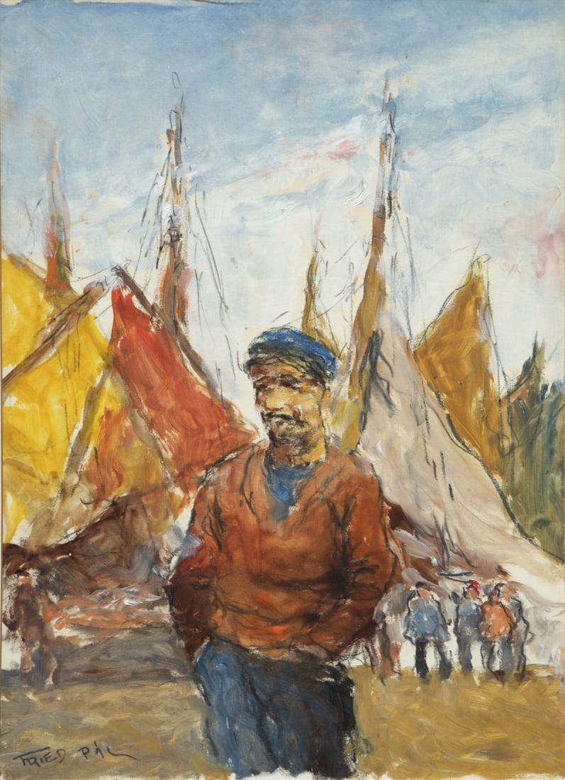 PAL FRIED (HUNGARIAN/AMERICAN,1893-1976).: 'Fisherman in Front of Boats'. Mixed media. Signed lower left. From a West End Ave, NYC estate. Dimensions: Sight: 21.5" h x 15.5" w. Frame: 26" h x 18" w.
