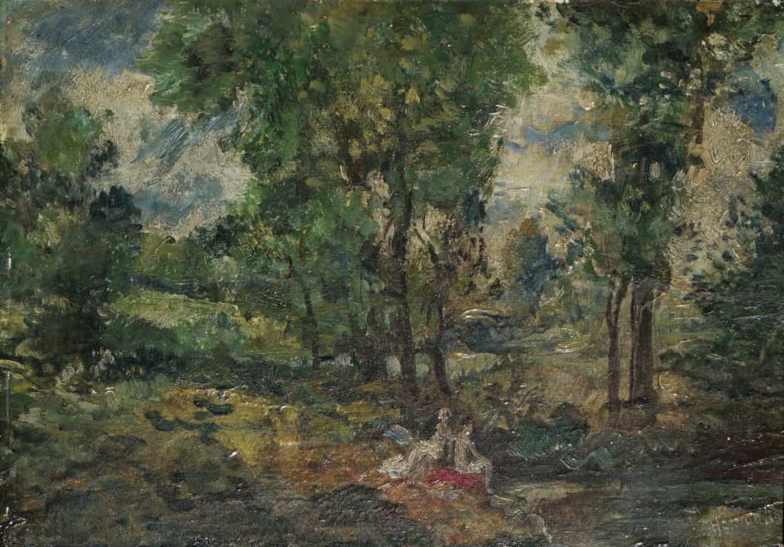 HERMAN LIPOT (HUNGARIAN, 1884-1972).: 'Couple in Landscape'. Oil on board. Signed lower right. From a West End Ave, NYC estate. Dimensions: 10" h x 13.75" w. Frame: 18" h x 22" w.