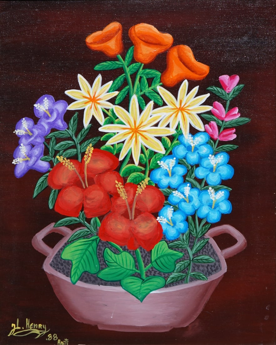 JACQUES-LIONEL HENRY (HAITIAN, b. 1950).: 'Flowers in a Cooking Pot', 1988. Oil on canvas. Signed, dated, and location. Property of an Eastchester, NY estate. Dimensions: 20" h x 16" w. Frame: 22.50" h x 18.50" w.