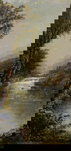 EDMUND DARCH LEWIS (AMERICAN, 1835-1910).: 'Mountain Waterfalls'. Oil on board. Signed lower right. Property from an Elmsford, NY estate. Dimensions: 19.125" h x 9.25" w. Frame: 23.50" h x 13.625" w.