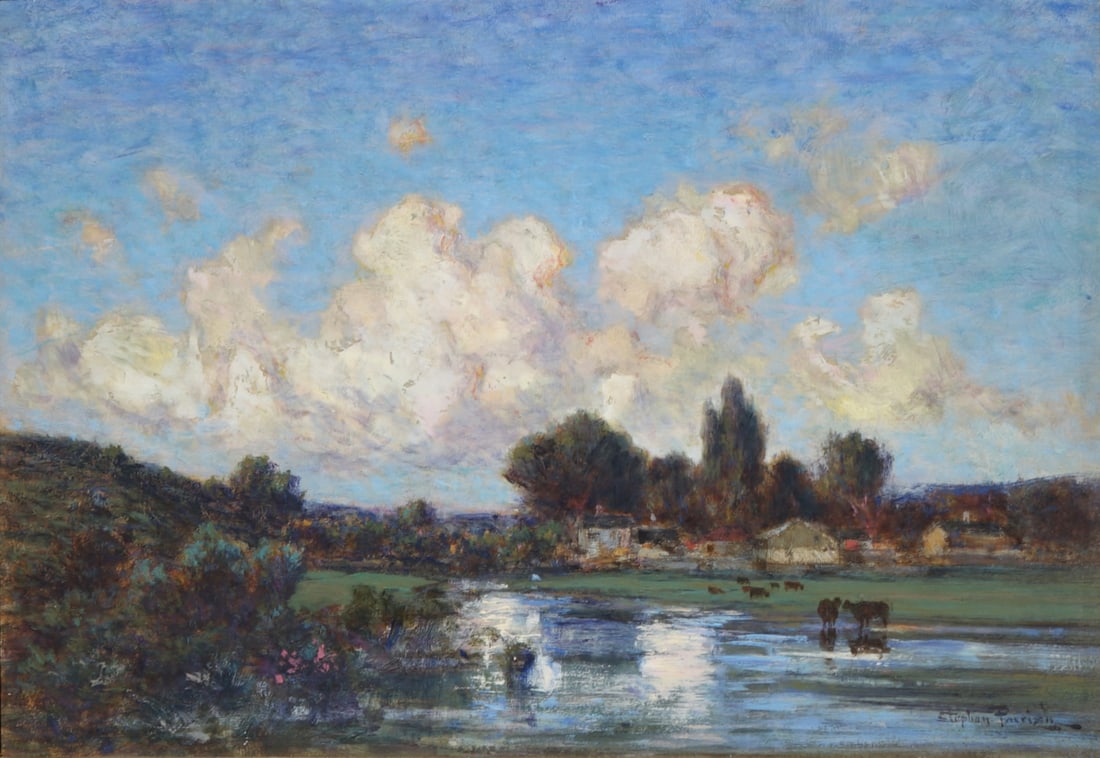 STEPHEN MAXFIELD PARRISH (USA,1846-1938)[2 WORKS].: Two Landscape Views: (i) 'Landscape With Houses and Cattle by a River'. Oil on board. Signed lower right. (ii) 'Landscape With Cattle by a Stream'. Oil on board. Signed lower left. Property of a Manha