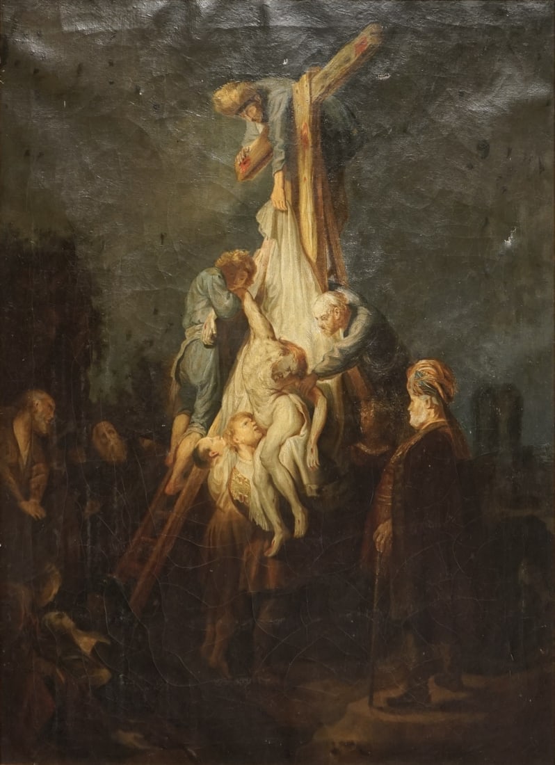 AFTER REMBRANDT VAN RIJN.: 'The Descent from the Cross'. Oil on canvas. Property from a Newtown, CT estate. Dimensions: 27.375" h x 19.375" w. Frame: 31" h x 2275" w.