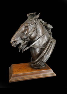 ATTR. HENRY MERWIN SHRADY (AMERICAN, 1871-1922).: Head of a Horse. Bronze. Apparently unsigned. 'Roman Bronze Works, NY' foundry mark on side of yoke. Property of a Manhattan, NYC estate. Dimensions: 16" h x 13" w x 8" d. With Base: 17