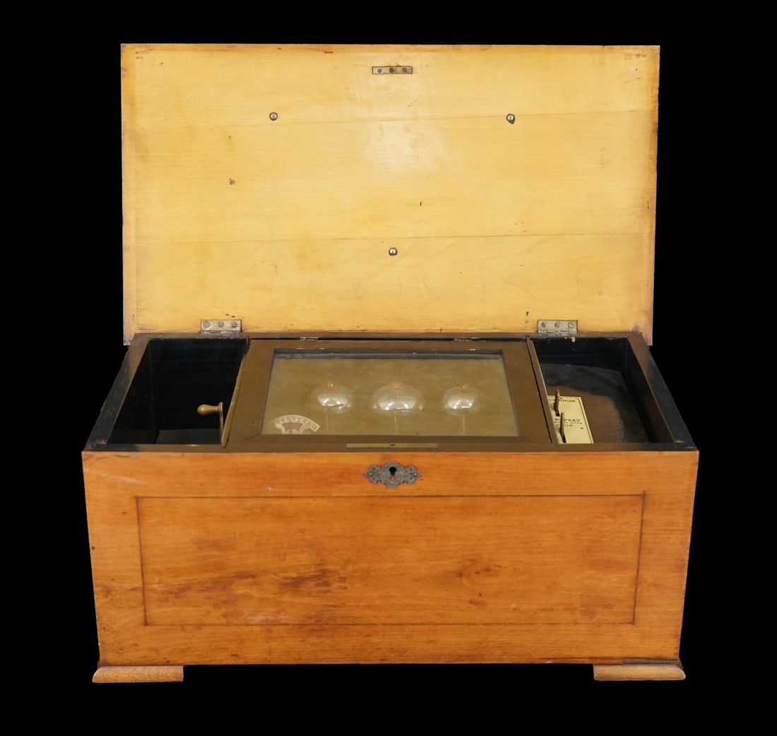 Antique Cylinder Music Box W/ Bells & Butterflies: From a Hartsdale NY estate. - Dimensions: 8.75" h x 19" w x 10.5" d.