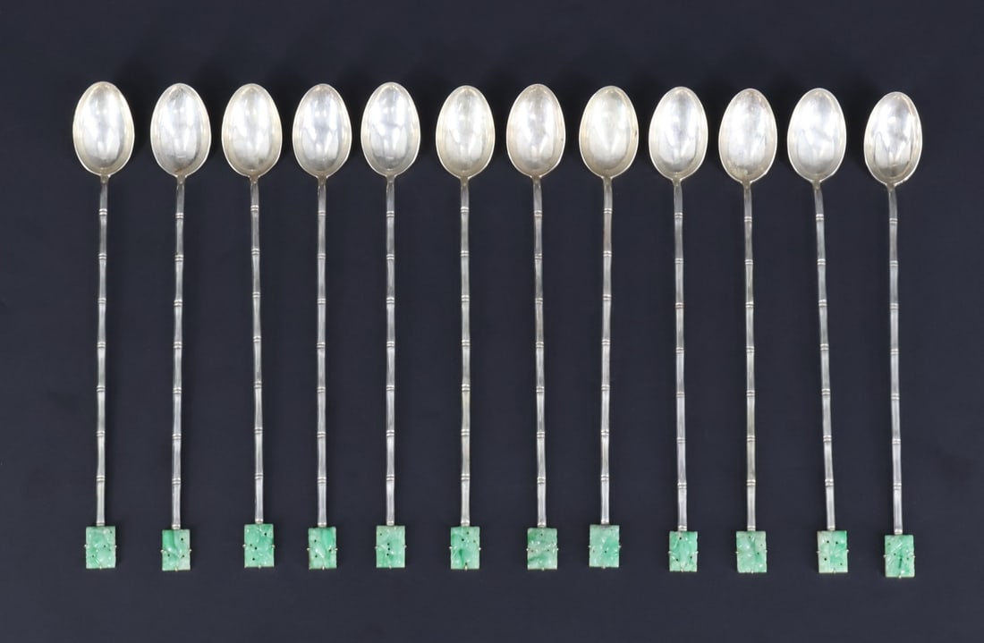 SILVER. (12) Chinese Export Silver and Jade Spoons (1 of 5)