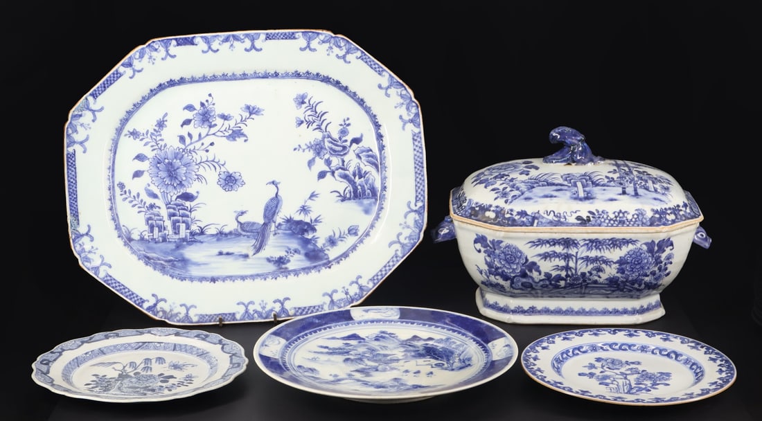 (5) Chinese Blue and White Dishes.: Includes a footed blue and white tureen displaying a garden scene; a blue and white plate displaying a chrysanthemum and dragonfly; a blue and white plate displaying peonies or chrysanthemums; a blue 