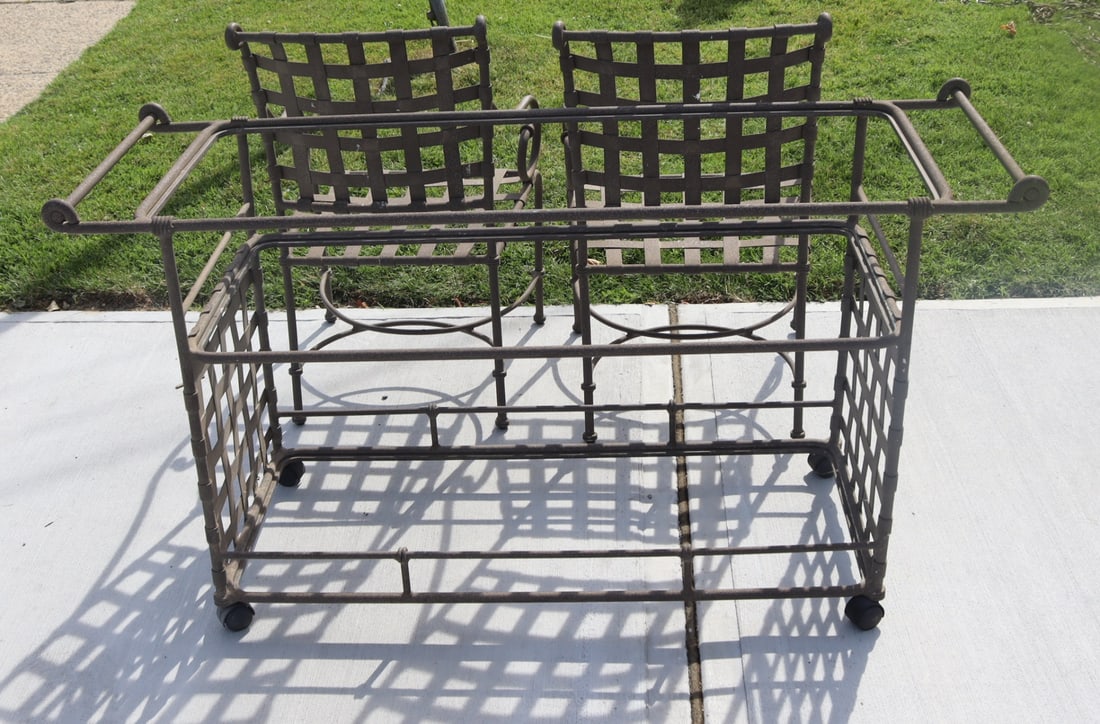 BROWN JORDAN, Server & A Pair Of Chairs.: From a Long Island NY estate. Dimensions: The server: 60" h x 32" w x 21" d. Chairs: 35" h x 23" w x 20" d.