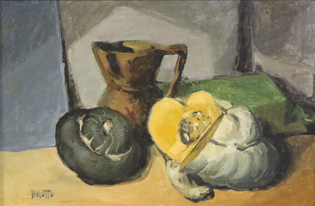 ANGELO BROTTO (Italy, 1914-2002).: Oil on canvas still life. Signed. From a Westchester County, NY estate. - Dimensions: 15" x 23", Framed: 23" x 31"