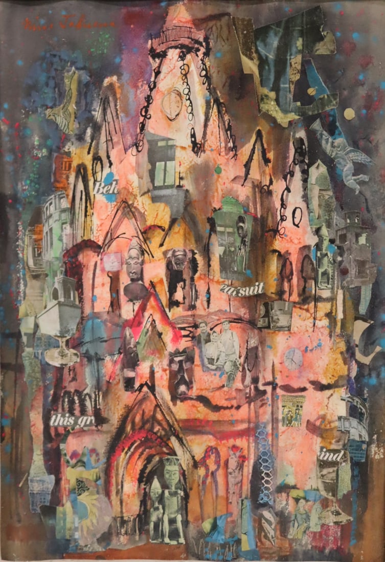 ILLEGIBLY Signed Mixed Media On Board.: Labels verso and signed upper right. From a Larchmont, NY storage. - Dimensions: 29" x 21", Framed 38" x 30"