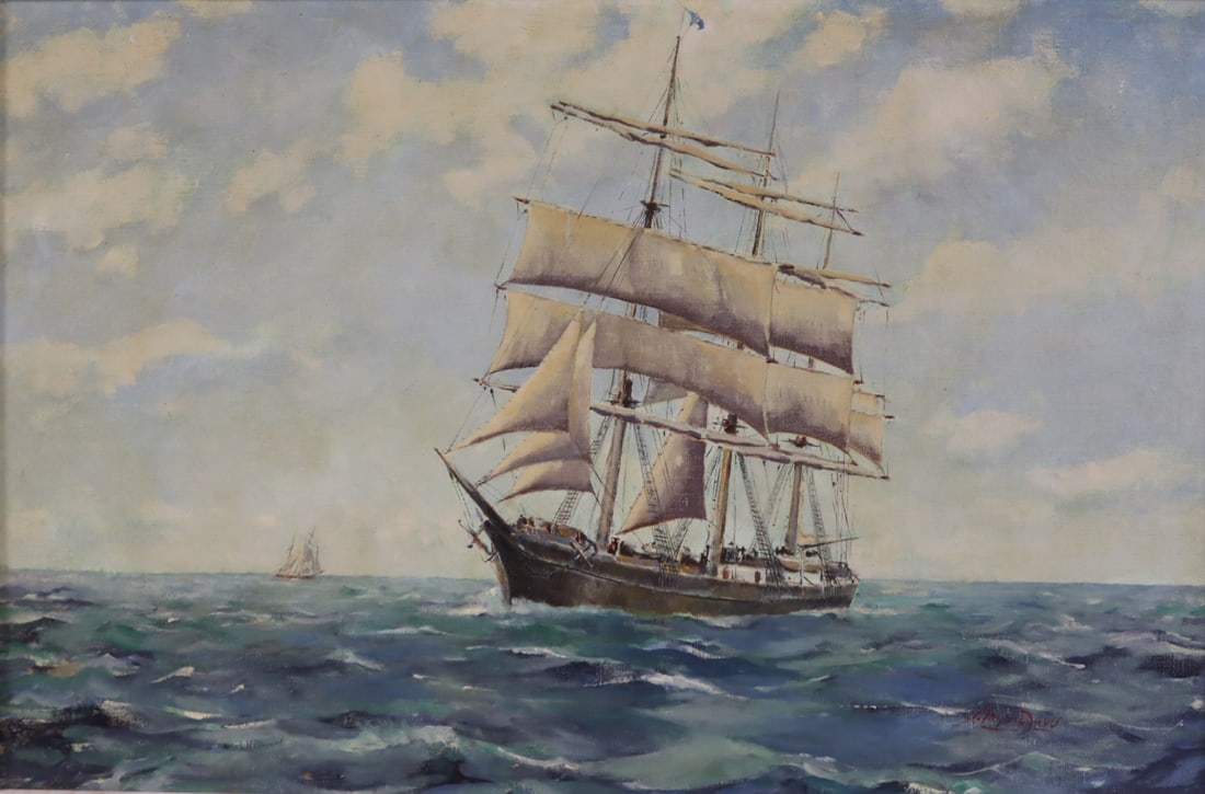 WAYNE DAVIS ? Oil On Board. Ship At Sea. (1 of 9)