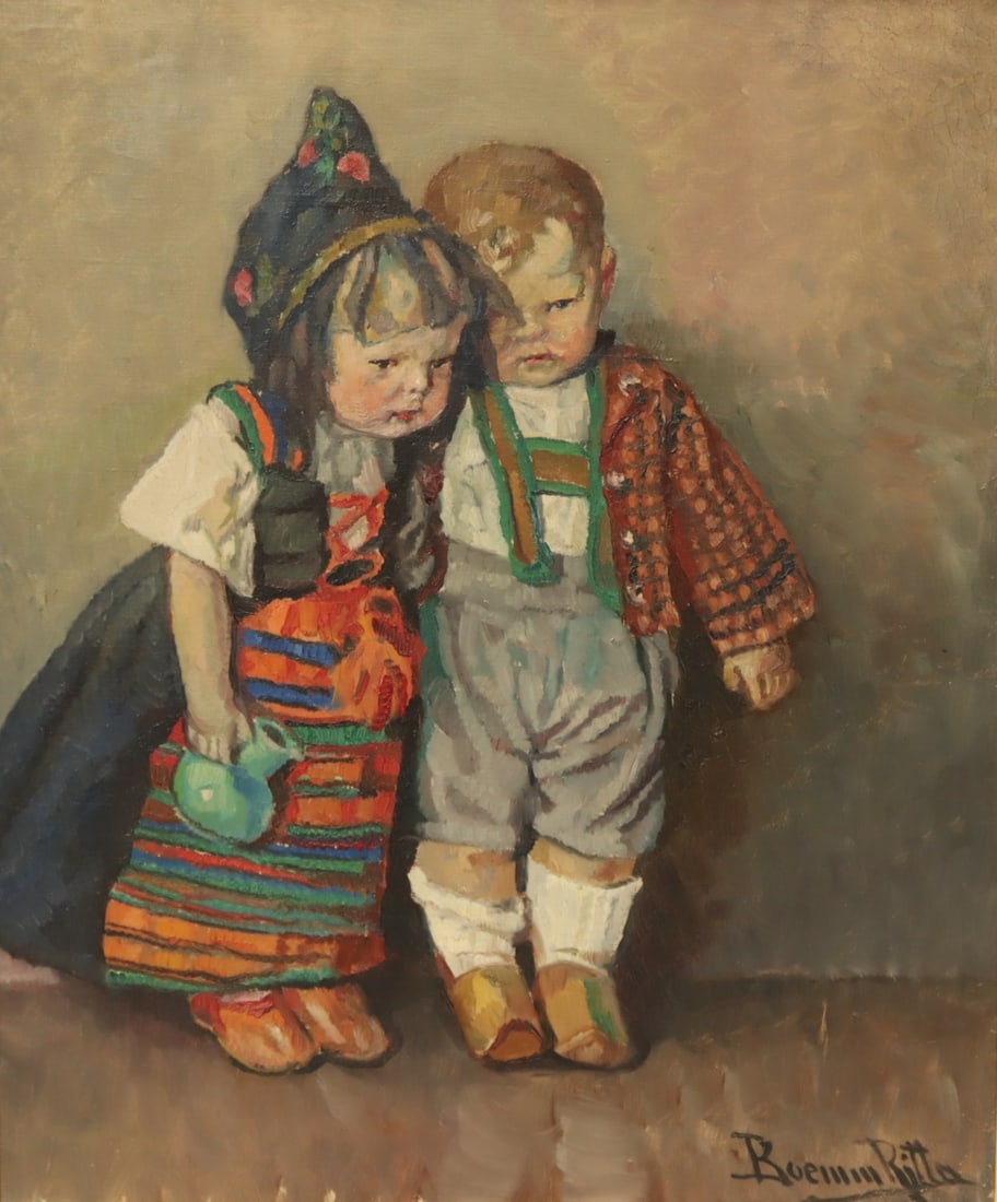RITTA BOEMM (Hungarian, 1868 - 1948).: Two children. Oil on canvas, signed lr rt . From a Yonkers NY estate. - Dimensions: 23" x 19" & Framed 26" x 23"