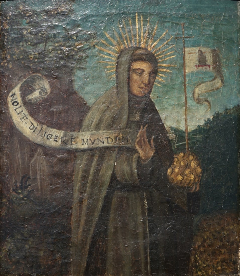 ITALIAN RENAISSANCE STYLE (19TH CENTURY).: Portrait of a Male Saint. Oil on canvas laid to panel. Verso: Several ink stamps and labels including tax stamps for Austria,and inventory labels for Hiram H. Hoelzer restoration, NY. Property of a Yo