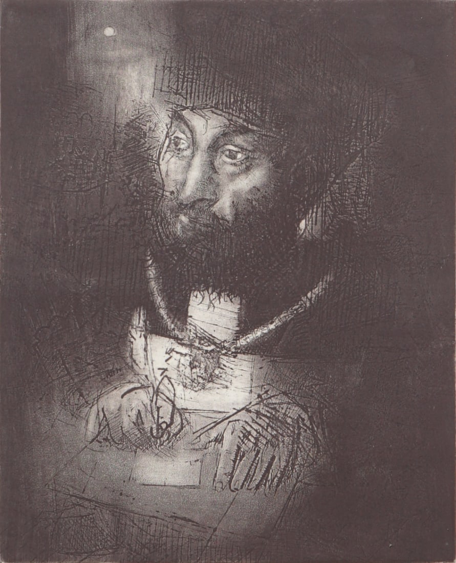 JACK LEVINE (AMERICAN, 1915-2010).: 'Maimonides'. Aquatint etching. Signed lower right. Edition 99 of 100 lower left. Verso: Titled and artist biography. From a New Rochelle, NY property. Dimensions: Plate size: 9.75" h x 7.75"