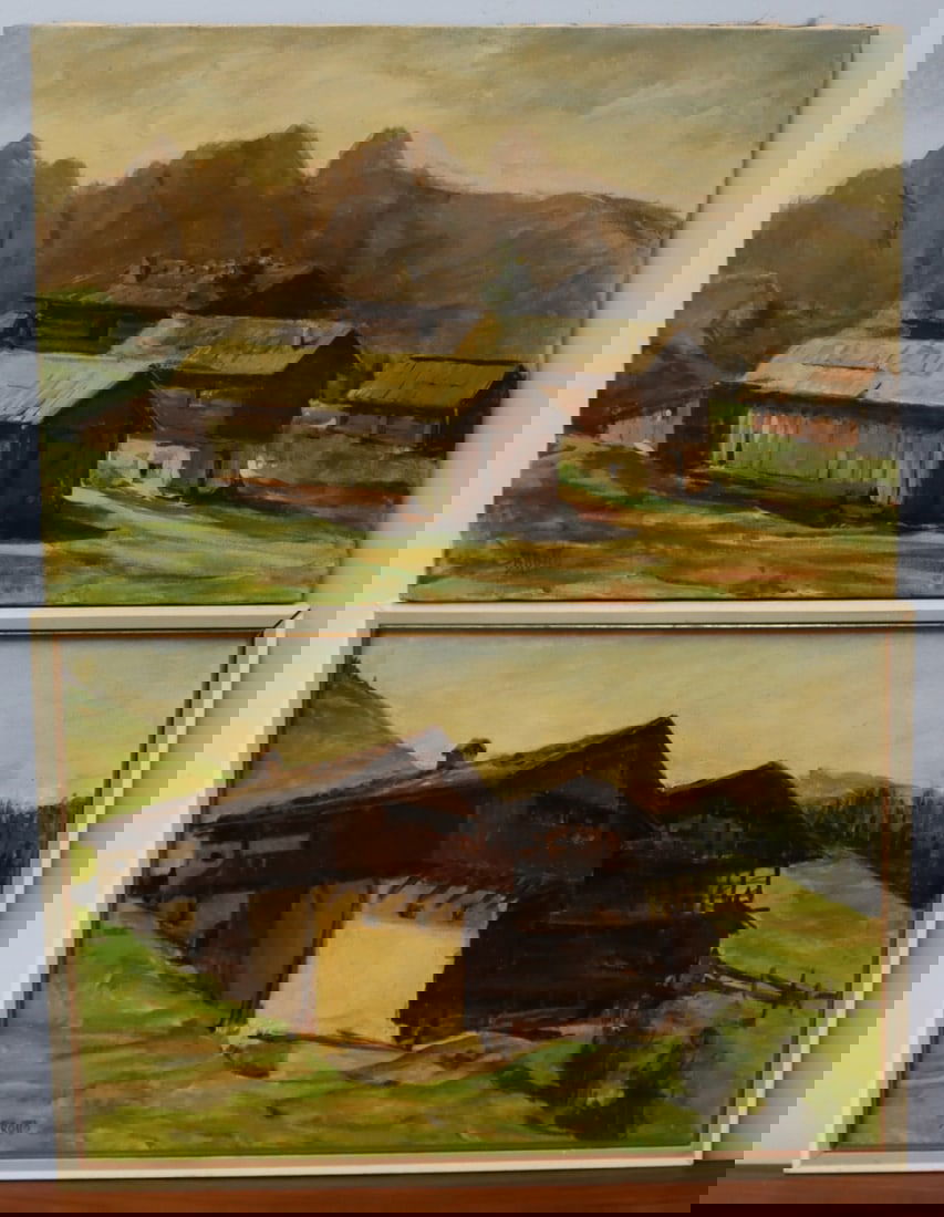 ANGELO BROTTO (Italy 1914 - 2002) [2 Works]: Two signed oils on canvas of houses. From a CT estate. - Dimensions: 15" x 23"