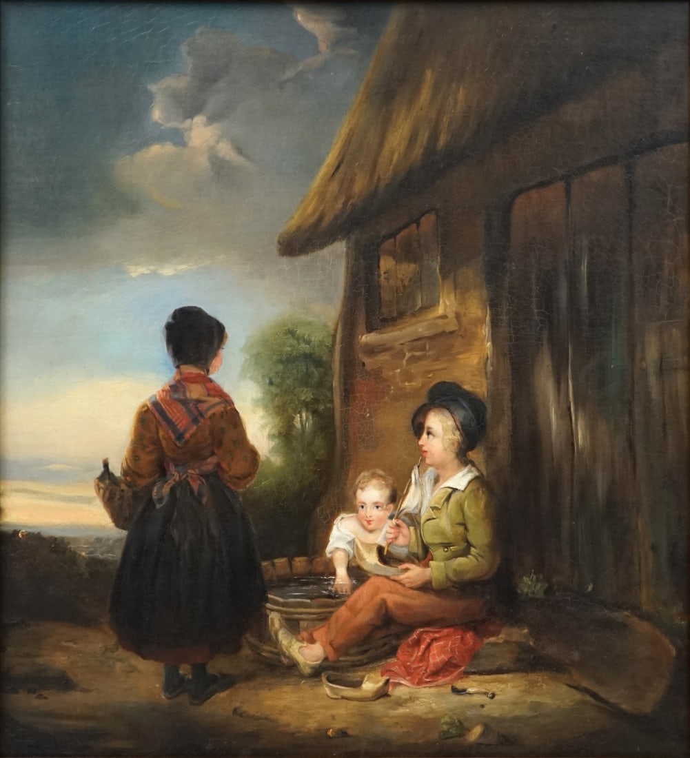 WILLIAM COLLINS, R.A. (BRITISH, 1788-1847).: 'Three Children'. Oil on board. Apparently unsigned. Plaque: Artist name and dates. From a West End Ave, NYC estate. Dimensions: Sight: 25.5" h x 23.25" w. Frame: 32" h x 29.75" w.