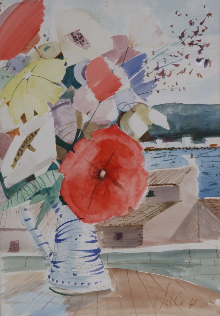 CHARLES LEVIER ( French 1920 - 2003 ): Floral still life watercolor signed lower rt and from a Larchmont estate / - Dimensions: F32" x 25" watercolor21" x 15: