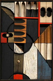 ABE AJAY (AMERICAN, 1919-1998).: 'Untitled, Construction #220'. 1964. Wood Construction, paint, burlap on board. Signed and dated '64' lower right. Provenance: Andrew Crispo Gallery, NYC; Edwin A. Ulrich Museum of Art, Wichita State