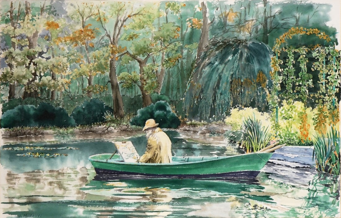 JAMES MARAVEL (AMERICAN, 1923-2009).: 'An Artist Painting in a Boat'. Watercolor. Signed lower left. From a Garden City, Long Island, NY collection. Dimensions: 15" h x 23" w. Frame: 22. 25" h x 30.25" w.