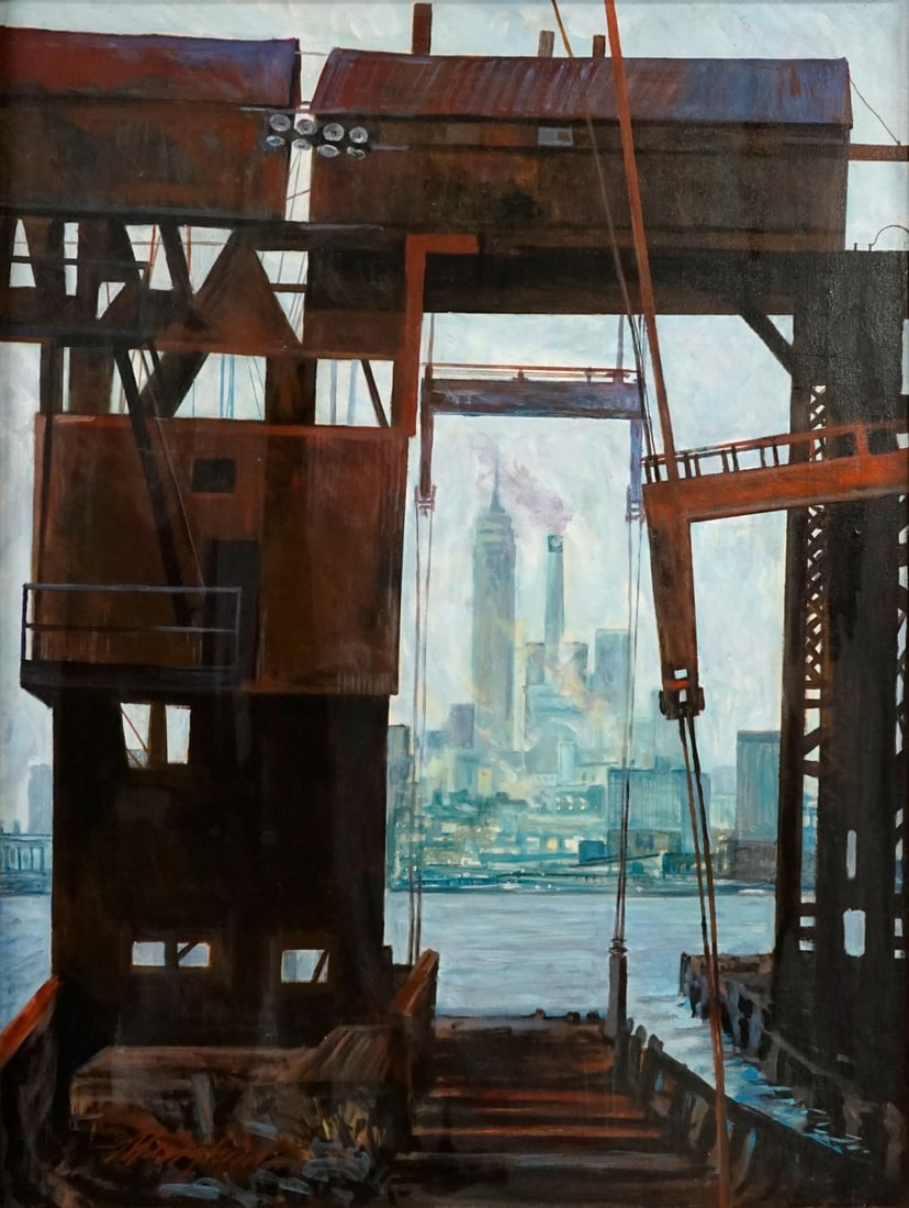 ILLEGIBLY SIGNED (AMERICAN, 20TH CENTURY).: 'Industrial Waterfront View, NYC'. Oil on canvas. Illegibly signed lower left. From a Garden City, Long Island, NY collection. Dimensions: 40" h x 30" w. Frame: 42.25" h x 32.25" w