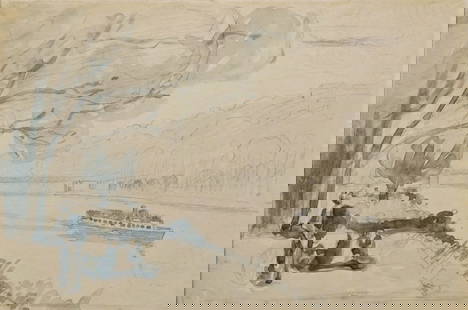 CIRCLE OF ALBERT MARQUET.: 'Boat on a River with Figures on the Shore'. Watercolor on paper. Apparently unsigned. Property from a Westchester County, NY estate. Dimensions: Sight size: 5.75" x 8.75" w. Frame: 15.50&qu