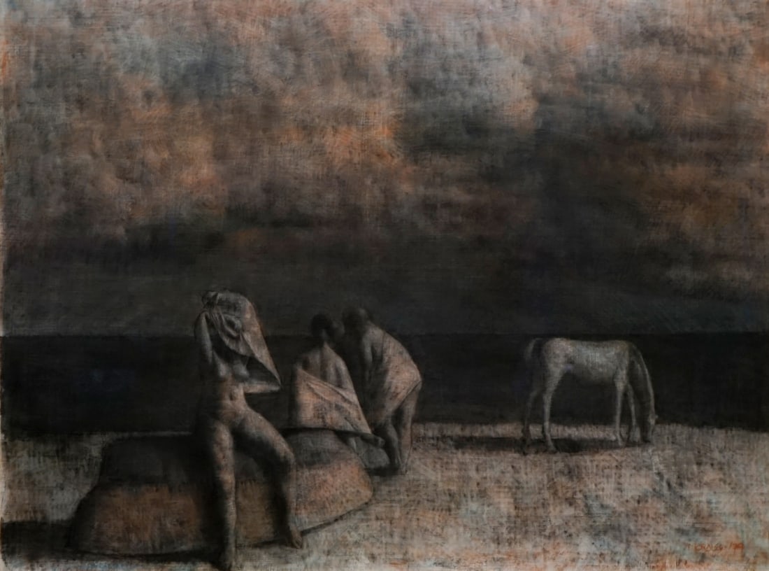ARMANDO MORALES (NICARAGUA/MEXICO, 1927-2011).: 'Figures on the Beach with Horse', 1979. Mixed media on paper. Signed and dated '79 lower right. From a Bronxville, NY estate. Dimensions: Sight: 22.25" h x 30" w. Frame: 33" h x 40&quo