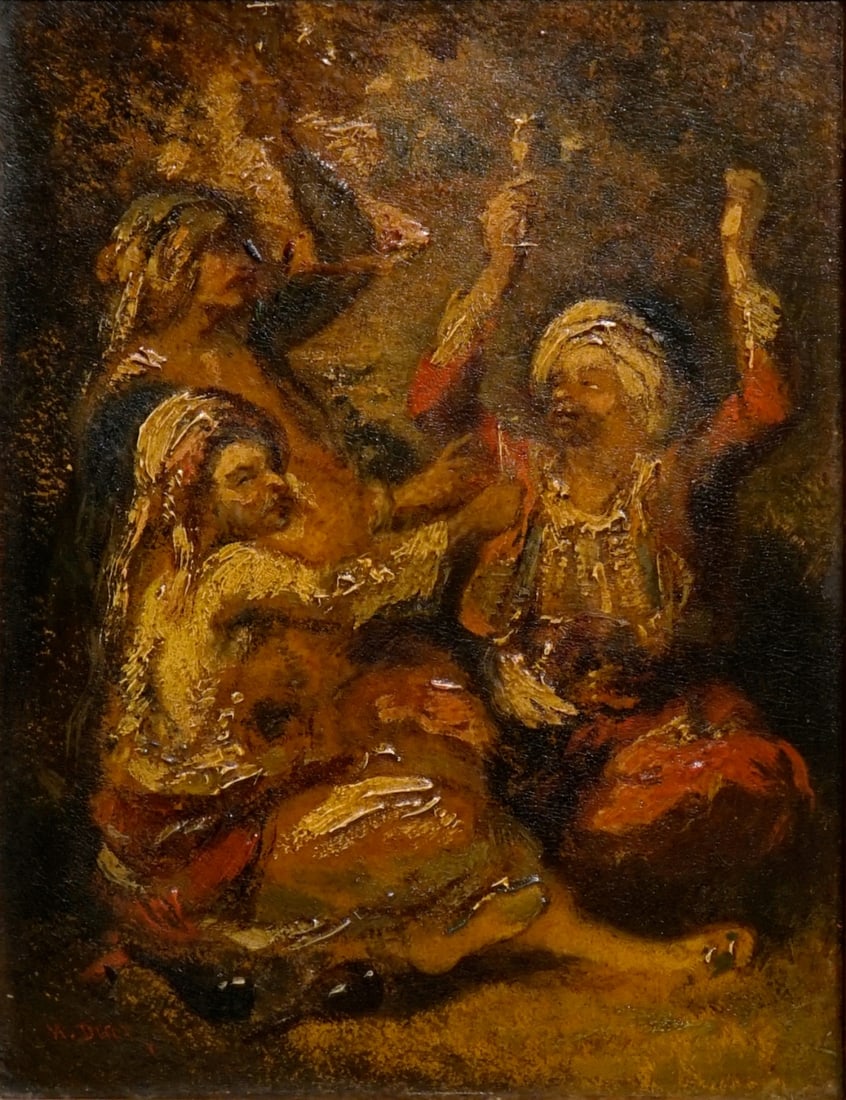 NARCISSE VIRGILIO DIAZ DE LA PENA (FR. 1807-1876).: 'Orientals Having a Celebration Drink'. Oil on canvas. Signed lower left. Property from a Bronxville, NY estate. Dimensions: 9.75" h x 7.50" w. Frame: 17.50" h x 15.50" W.