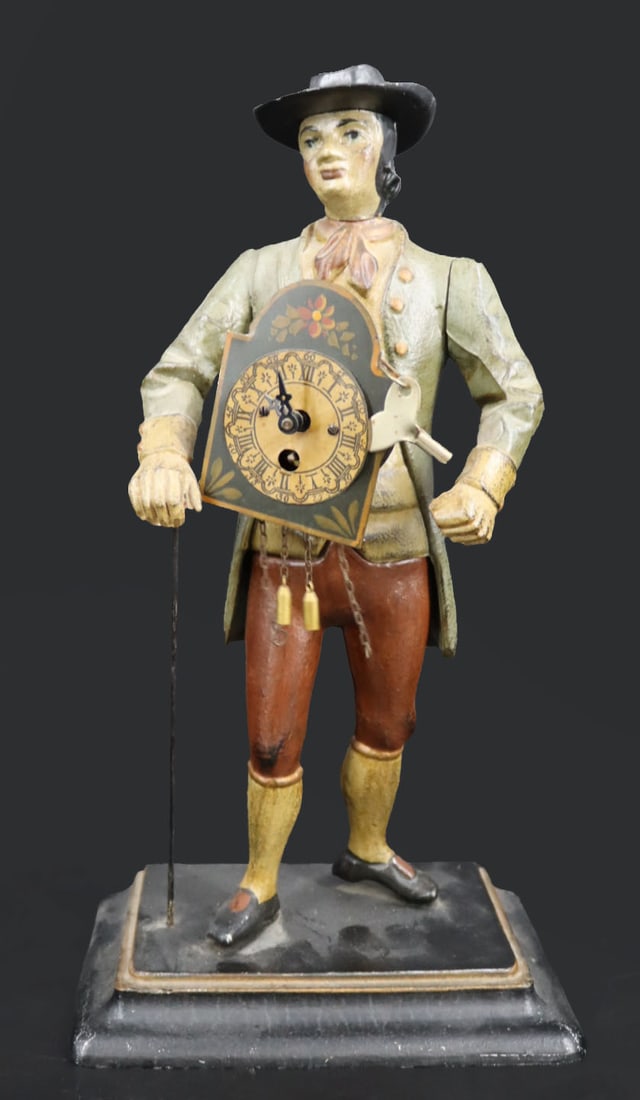 Antique Polychrome Metal Travelling Clock Peddler (1 of 5)