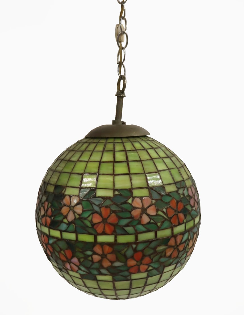 Tiffany Style Leaded Glass Ball Form Chandelier.: Good large size, quality and age. From a New Paltz, NY estate. - Dimensions: 14"
