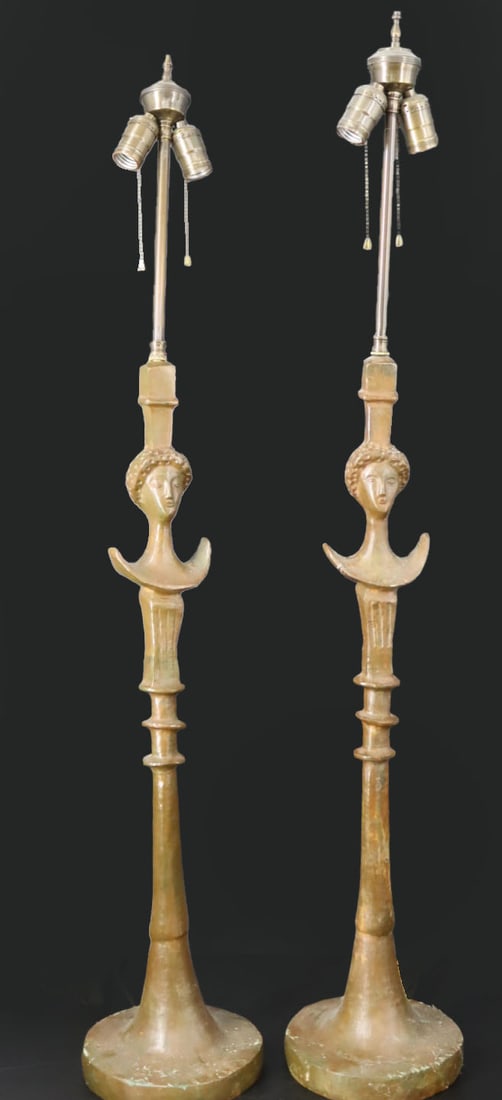 After Alberto / Diego Giacometti Pair of Bronze: Figural Lamps. From a Long Island NY estate. - Dimensions: bronze 30"H finial 44"h