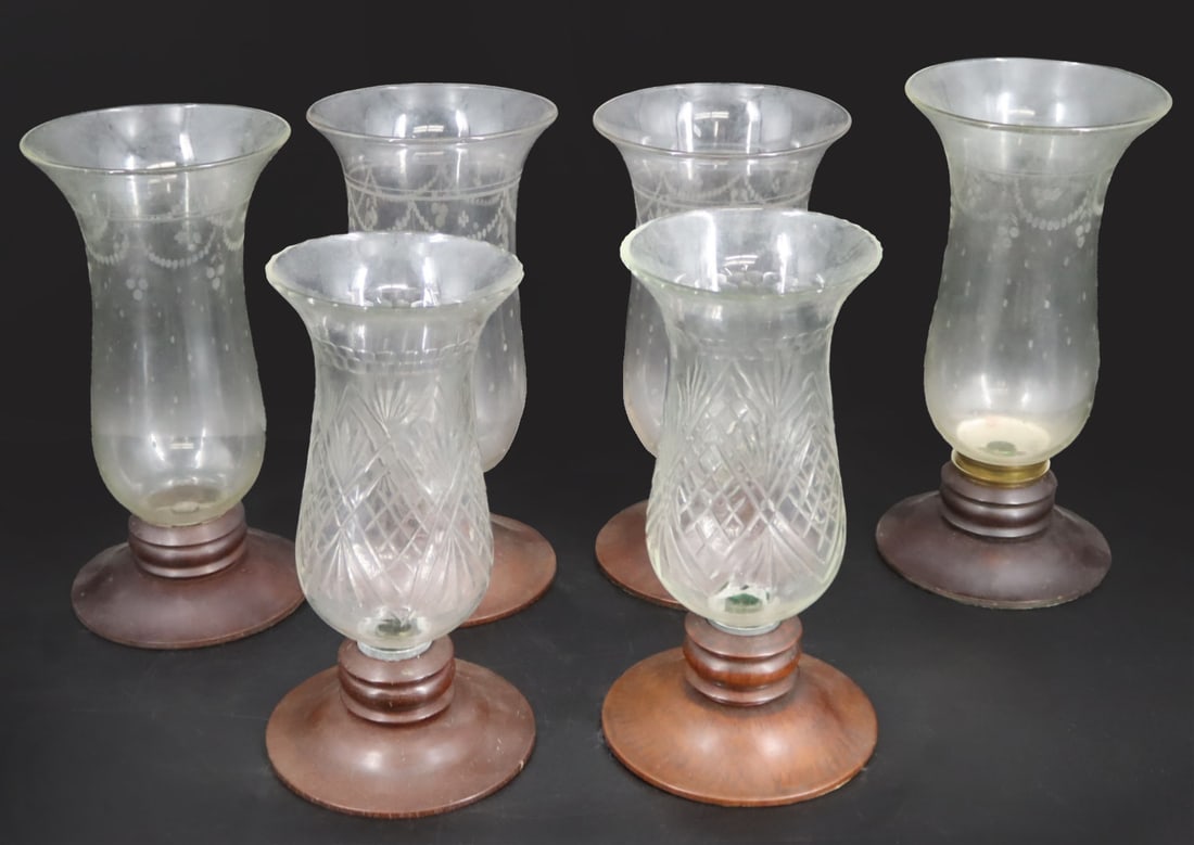 6 Antique Etched Glass Hurricane Candle Holders. (1 of 4)
