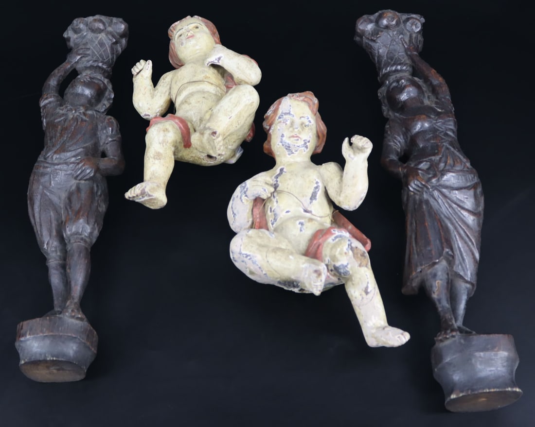 2 Carved Wood Polychrome Figures Together with (1 of 8)