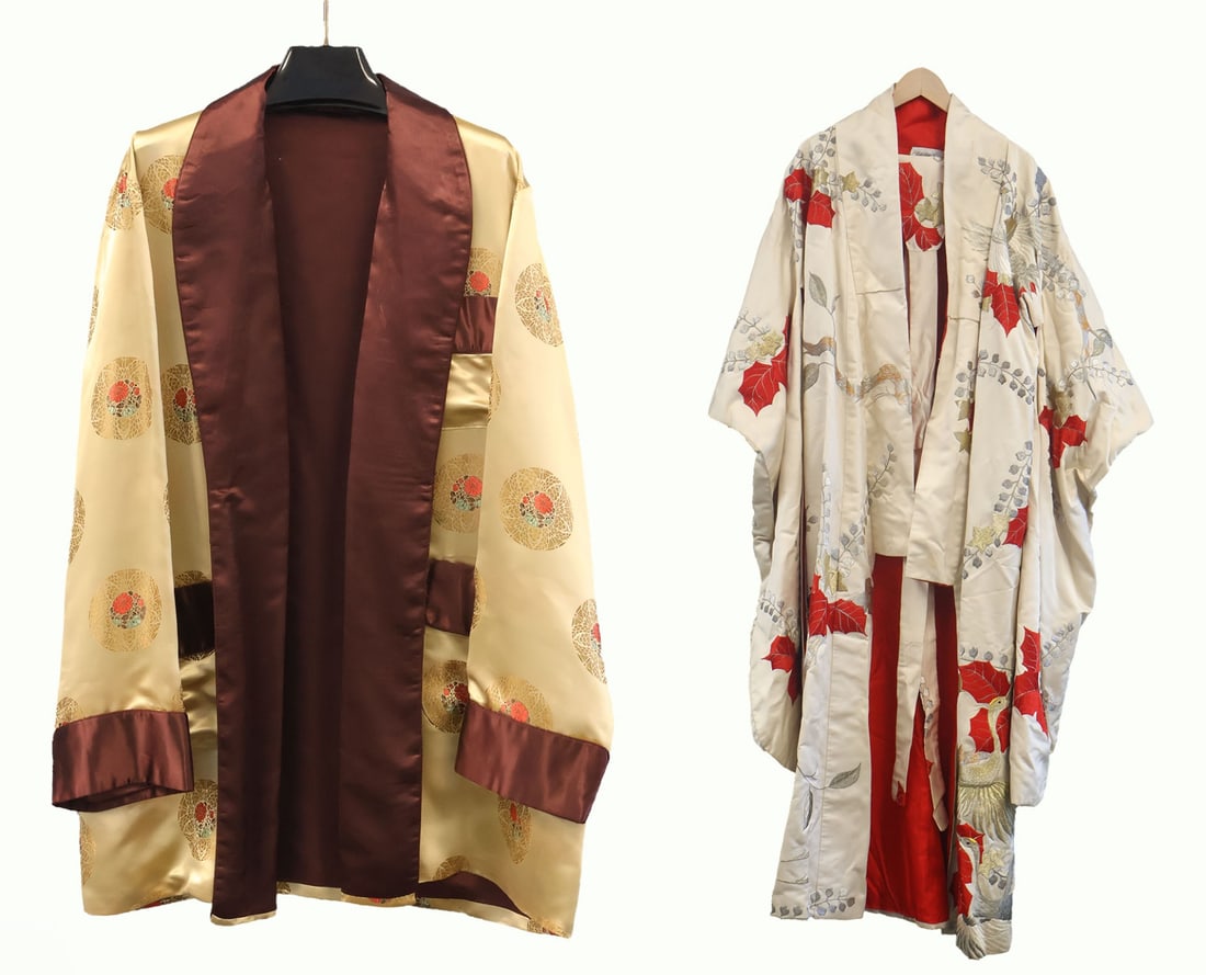 Japanese Furoside Kimono and a Smoking Jacket.: A Japanese kimono with a matching belt made for Saks Fifth Avenue embroidered with flowers and vegetation - label reads, "Saks Fifth Avenue Dry Clean Only"; and a Chinese? smoking jacket dec