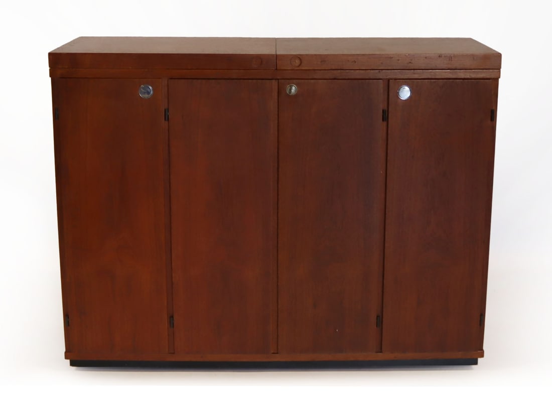 Midcentury Danish Modern Cocktail Bar.: 4 door with pull outs and an extending top. From a CT estate. - Dimensions: 31" x 41" x 16.5" open 61"