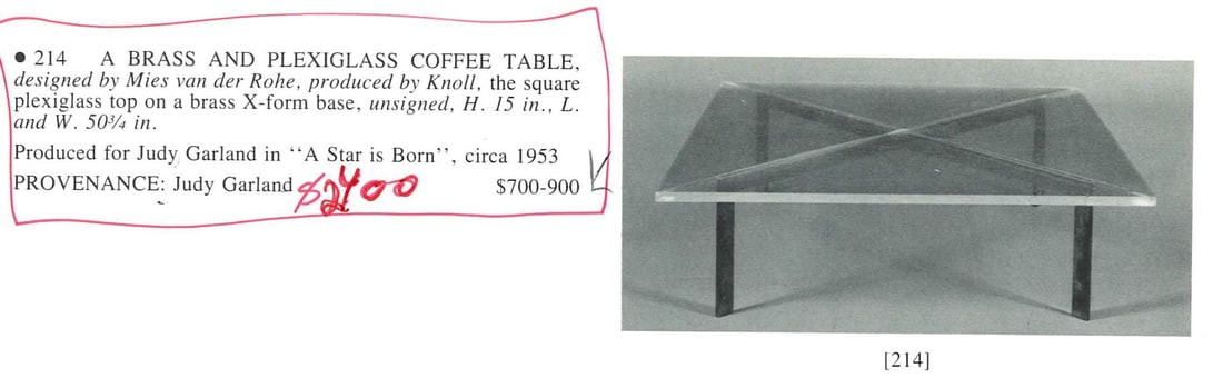 JUDY GARLAND, Knoll Plexiglass & Brass Coffee: Table. Designed by Mies van de Rohe for Knoll. Square plexiglass top on a brass 'X' form base. Unsigned. Table was produced for the actress Judy Garland and sold at Christie's on March 19th 1986. From