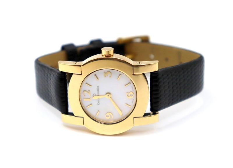 JEWELRY. Carl F. Bucherer Pathos Diva 18kt Gold: Watch. A Carl F. Bucherer Pathos Diva 18kt yellow gold quartz watch. This watch features an 18kt yellow gold round tankard style watch case, sapphire glass crystal, Mother of pearl dial, after market