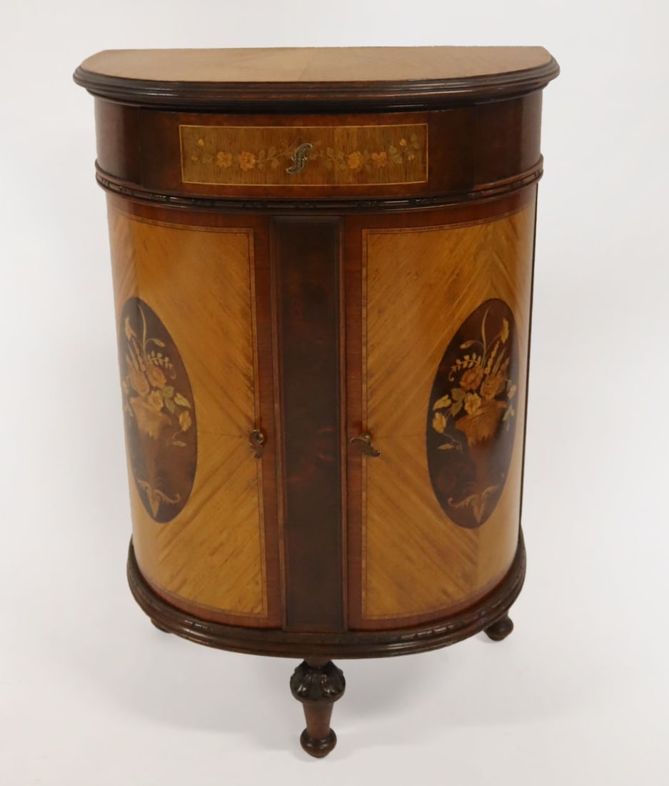 Antique Satinwood Inlaid Demilune Cabinet.: From a West End Ave, NYC estate. - Dimensions: 31.5" h x 21.25" w x 12" d.
