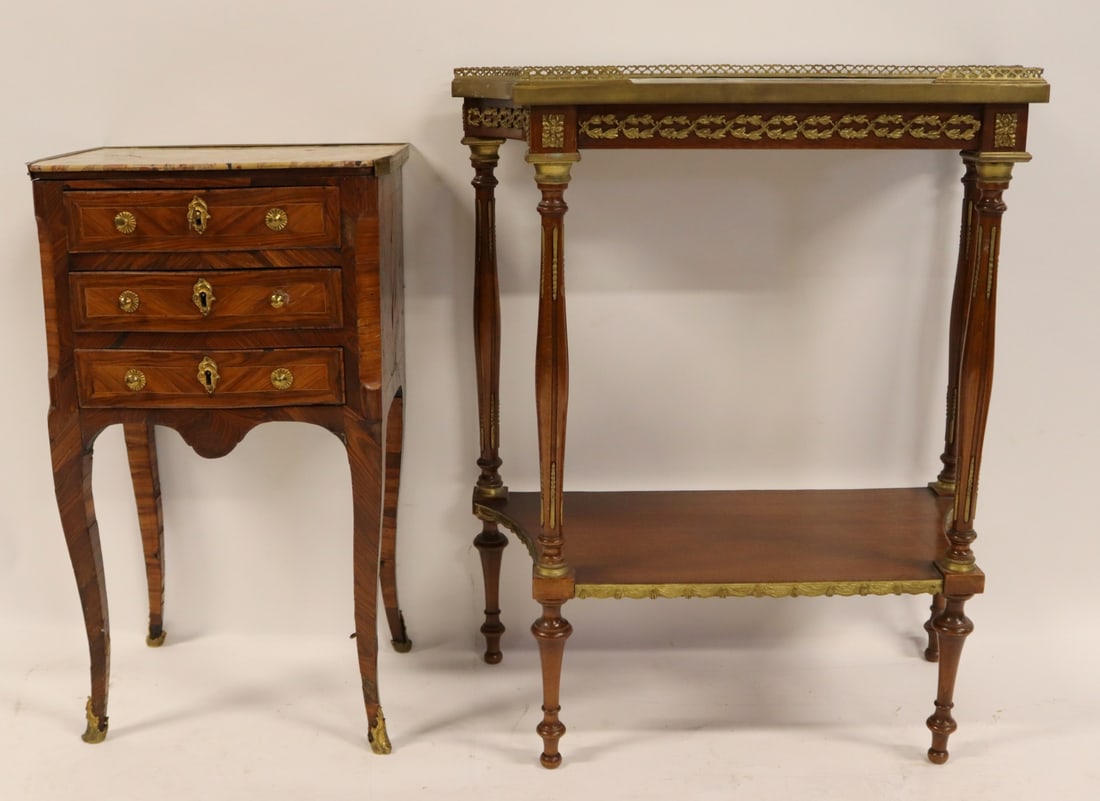 Vintage French Marble Console together with a: Marbletop Night Stand. Both great quality circa midcentury. From a Long Island estate. Dimensions: 32" x 28" x 13" & 28" x 12" x 16"