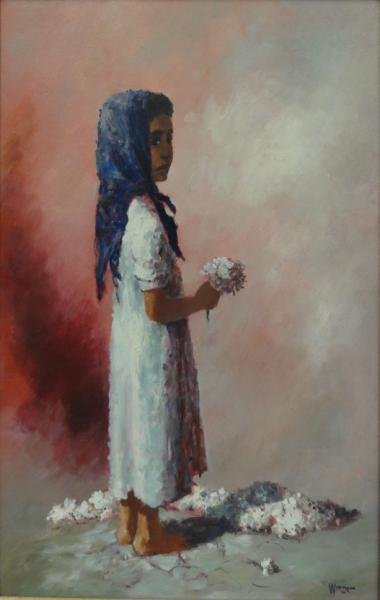 WEINTRAUB, William. 1959 O/C of Girl with Flowers.: Signed and dated lower right. William Weintraub, American- active in Tel Aviv, Israel, 20th Century. From a Weston, CT estate. Dimensions: 18" high x 26" wide. Condition: Minor loss upper left and sma