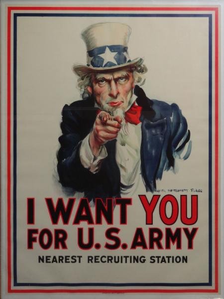 James Montgomery Flagg "I Want You For U.S. Army": Lithograph Poster. Copyright, 1917, Leslie - Judge Co., NY. Inscribed in pencil on mount lower right "USL 7071 $2,700." From a Weston, CT estate. Dimensions: Image - 40.25" high x 29.75" wide. Conditi
