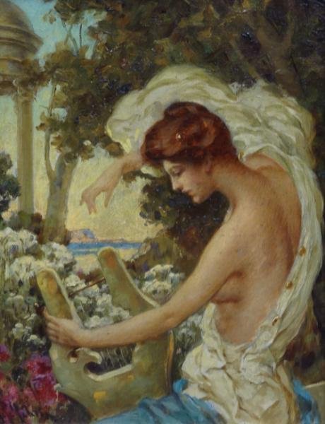 Signed 19th C. O/C "A Song to the Dying Day": Signed lower left. Inscribed with title verso. From a Weston, CT home. Dimensions: 10.25" high x 8.25" wide. Condition: Good.