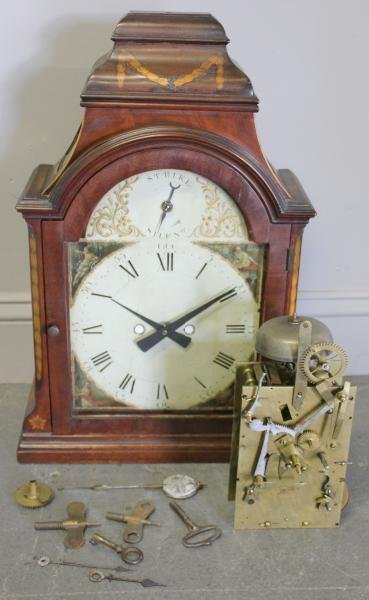 Antique Walnut Georgian Bracket Clock.: With penwork inlaid case, original zinc dial, and well painted spandrels. This clock currently has a battery movement, but includes the original fusee? movement, hands, keys, etc. Original movement is