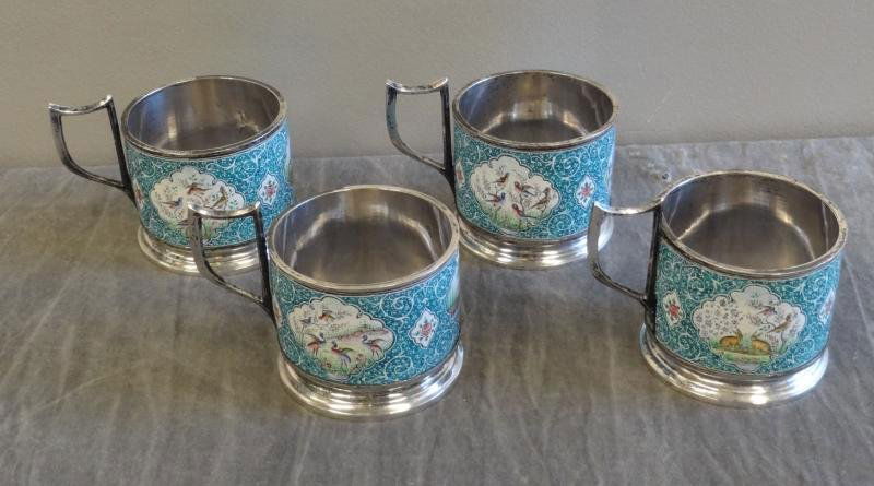 Set of 4 840 Silver & Enamel Tea Cup Holders.: Hallmarked on handle. From a Greenwich, CT home. Dimensions: 4" wide x 2.5" wide.
