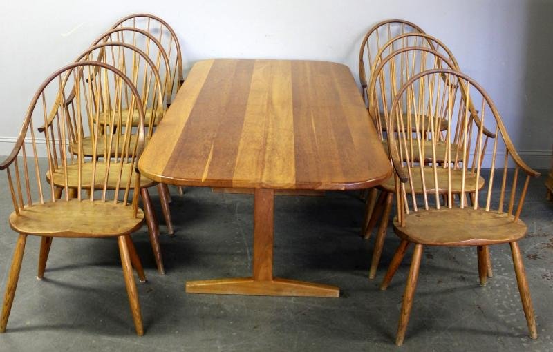 Moser Dining Table & 8 Windsor Style Chairs: A Cherry Trestle table and 8 Windsor style chairs. Signed and from a Mamaroneck home. Dimensions: Table 96" wide x 40" deep x 30" high, Chairs- . 24" wide x 23" deep x 42" high.