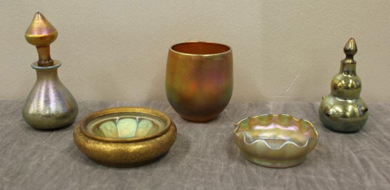 L.C. Tiffany Favrile Lot.: Includes a signed ruffled edge salt - 2.5" diameter; a Favrile glass in original gilded base - impressed Louis C. Tiffany Furnaces Inc. Favrile 315; an unmarked small beaker; an unmarked small perfume