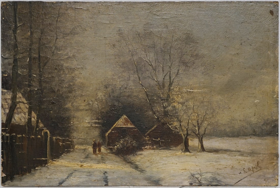 LOUIS APOL (DUTCH, 1850-1936).: 'Figures Walking on a Winter Village Road'. Oil on board. Singed lower right corner. Property from a Carmel, NY collection. Dimensions: 7.125" h x 10.75" w. (unframed).