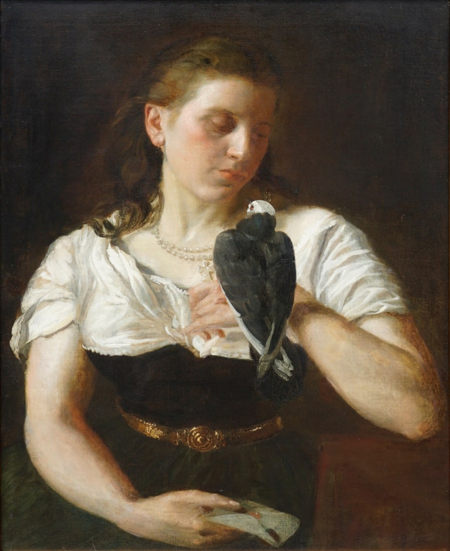 CONTINENTAL SCHOOL (19TH CENTURY).: Portrait of a Woman Holding a Dove'. Oil on canvas. Apparently unsigned. Property from a Roslyn Heights, NY estate. Dimensions: 33" h x 25" w. Frame: 39" h x 31.25" w.