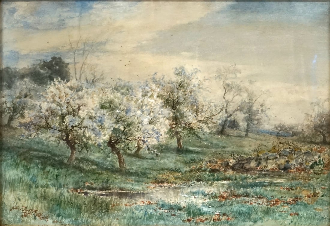 ARTHUR PARTON (AMERICAN, 1842-1914).: 'Apple Orchard in Blossom'. Watercolor on paper. Signed lower left. Property of an Armonk, NY collection. Dimensions: 20.75" h x 29.75" w. Frame: 34" h x 43" w.