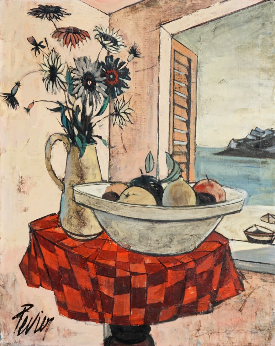 CHARLES LEVIER (FRENCH, 1920-2003).: 'Still-Life with Fruit Bowl by Window'. Oil on canvas. Signed lower left. Property from a Mamaroneck, NY collection. Dimensions: 30.125" h x 24.125" w. (unframed).